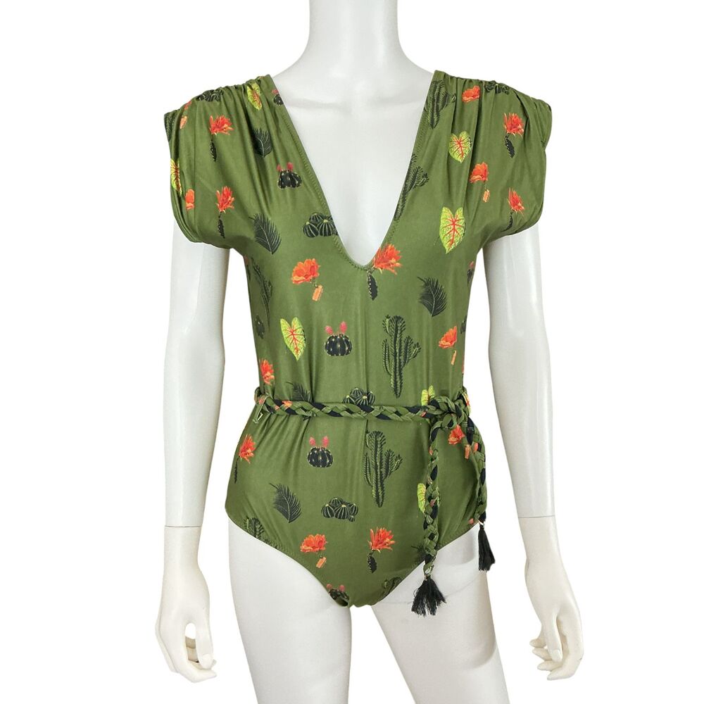 Olive Green Cactus Print One-Piece Swimsuit with Belt